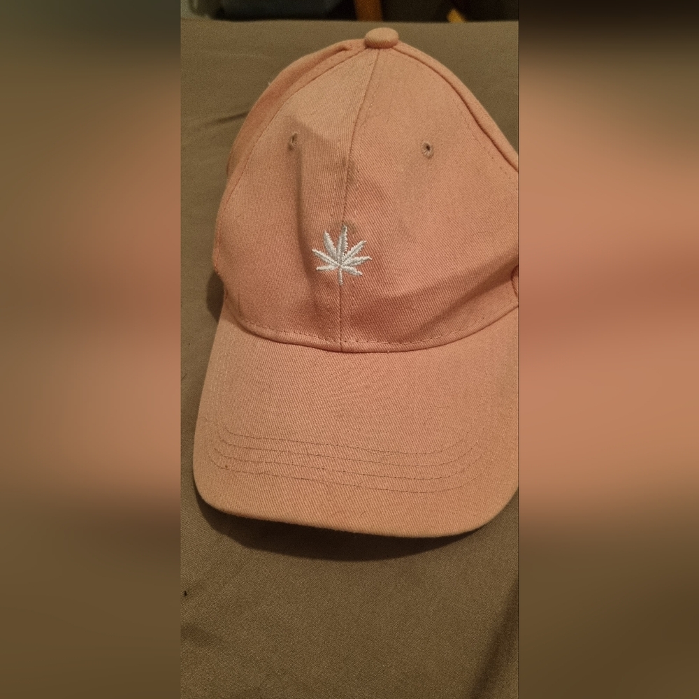 Pink Baseball Cap with Embroidered Leaf